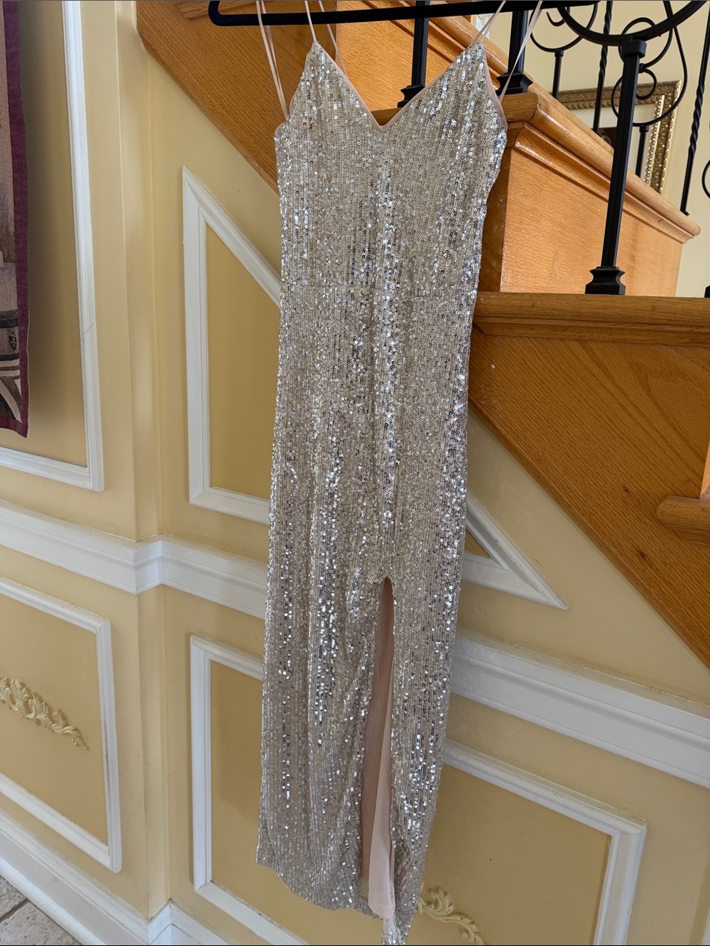 Sequin Slip Dress with Front Slit - Champagne Sparkle